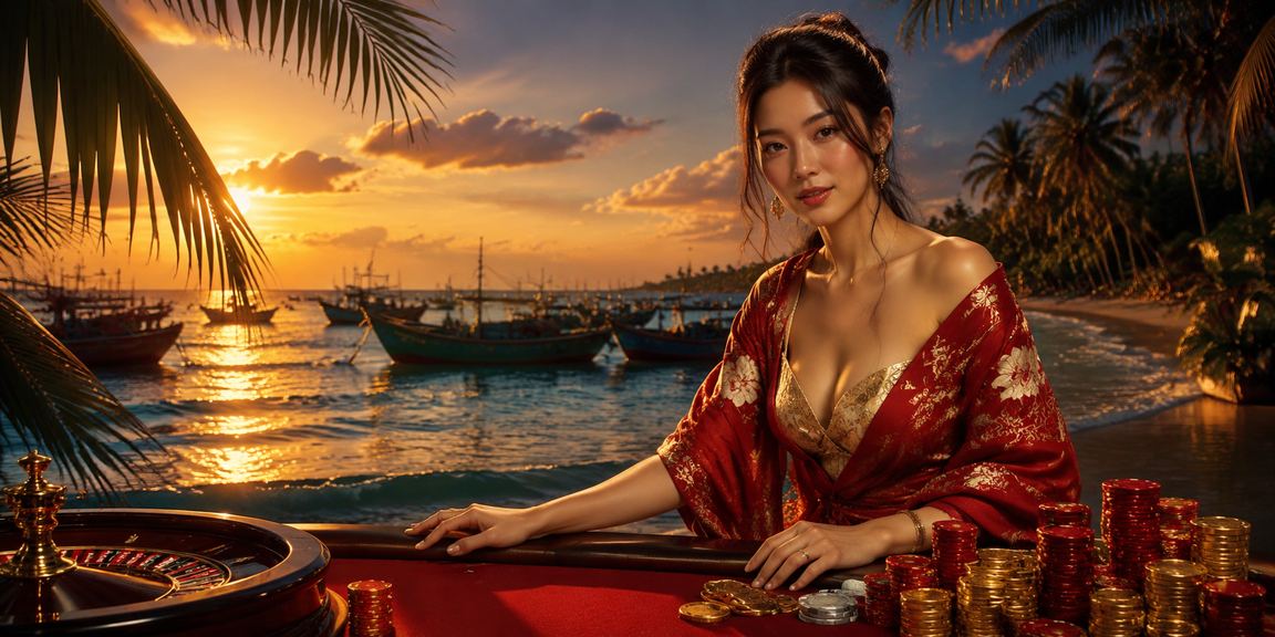 Cảnh bãi biển Mũi Né buổi tối – người dùng kiểm tra giao dịch tài chính trên điện thoại khi du lịch